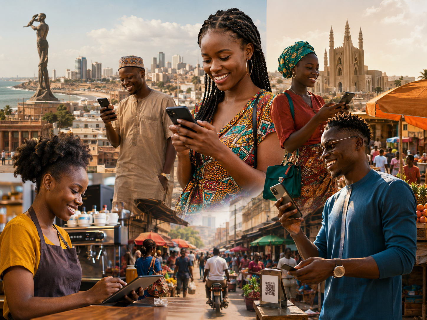 Jeune entrepreneur utilisant le paiement mobile en Afrique de l’Ouest