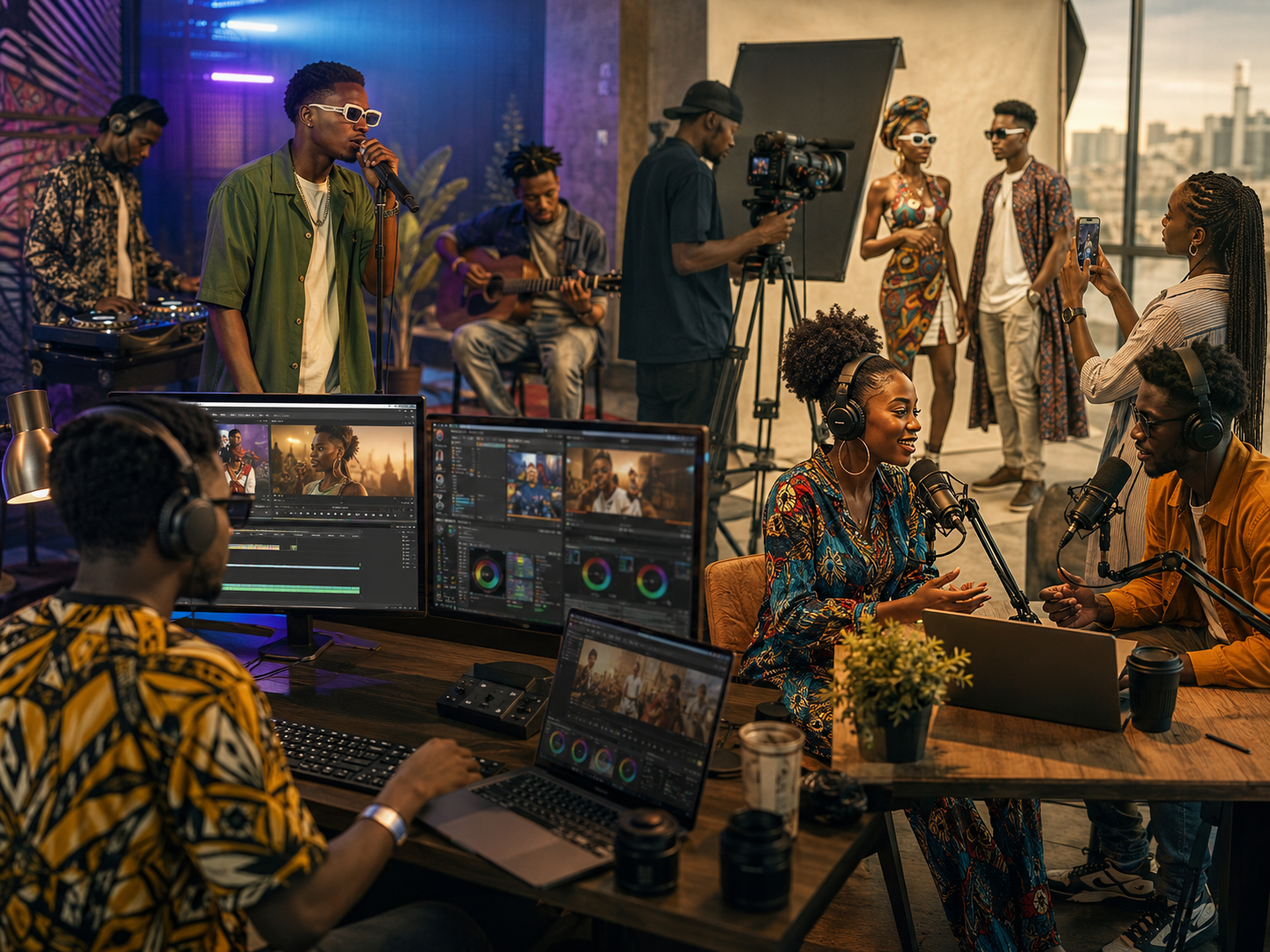 Jeunes créateurs ouest-africains dans un studio culturel